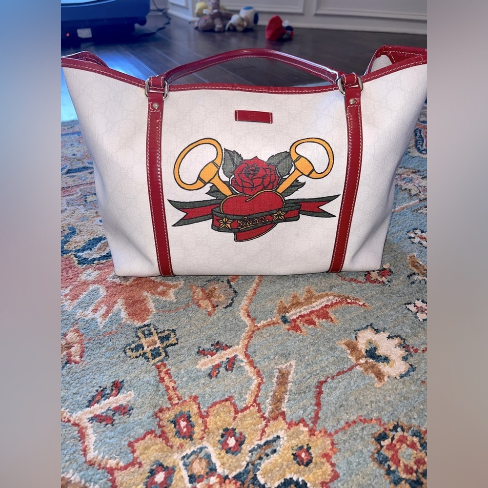 Gucci Tattoo Heart Tote Bag – Limited Edition 2008 GG Canvas Red Trim